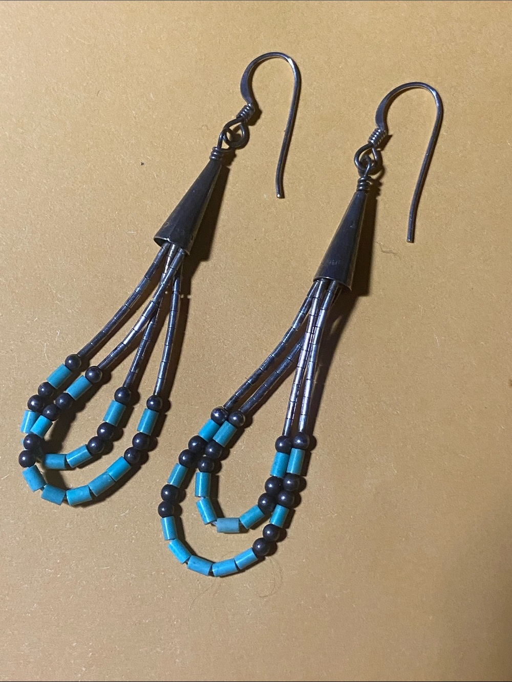 VTG Native American-style Liquid Silver & Turquoise Drop 2 Loop Dangle Earrings